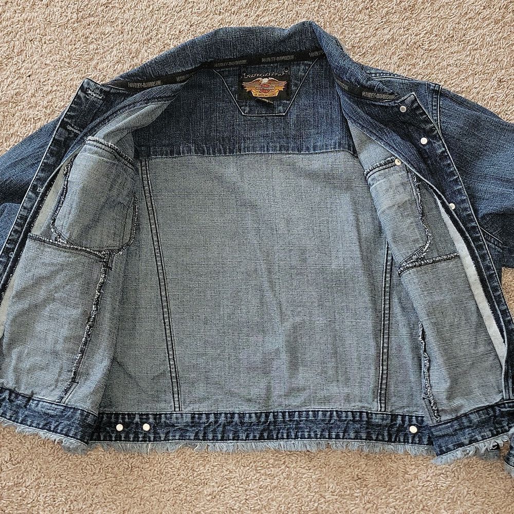 Harley-Davidson HD Denim Jacket Frayed Raw Edges Logo Moto Hippie Y2K Rare XL - Picture 5 of 13